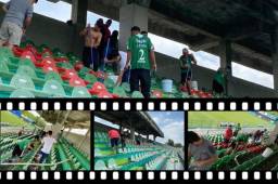 Aficionados del Marathón realizaron la limpieza del sector de silla del estadio Yankel Rosenthal para el juego de este domingo ante Real España. Fotos cortesía