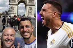 A la izquierda aparece Joselu junto a su padre apoyando al Real Madrid en la final de París. A la derecha el delantero celebra su doblete ante el Bayern para meter al club blanco en otra final de Champions.