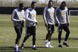 Los hondureños del Houston Dynamo, Boniek García, Romell Quioto, Maynor Figueroa y Alberth Elis en el entrenamiento de este miércoles. Foto cortesía Deporte Total