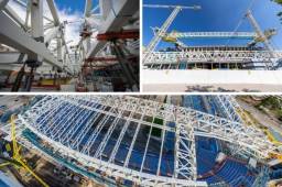 Real Madrid publicó hoy nuevas imágenes de cómo avanzan las obras del Santiago Bernabéu. La primera megacercha ya está en lo más alto del estadio.