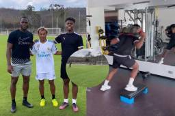Keyrol Figuroa junto a su padre Maynor Figueroa y Javier Portillo durante su entrenamiento en el complejo del Olimpia