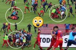 En la Liga de Guatemala hubo salvajismo, pero por parte de jugadores y cuerpo técnico. El Municipal - Xelajú se manchó por una brava pelea entre ambos en la cancha. (Fotos cortesía: Mynor Sandoval/Emisoras Unidos/Prensa Libre/redes sociales)
