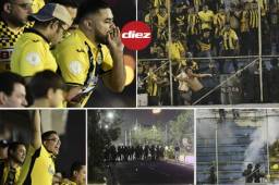 Los ánimos se calentaron luego de la eliminación de Real España a manos de la UPNFM. La afición aurinegra reclamó y se dieron altercados en el sector de sol donde también se lanzaron bombas lacrimógenas. Fotos: Yosephn Amaya y Neptalí Romero.