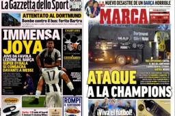 En las portadas de hoy: Juventus da tremendo baile al Barcelona y sale con ventaja de 3-0, para la vuelta. Borussia Dortmund y Mónaco juegan hoy tras suspender el juego por ataque explosivo en Dortmund.