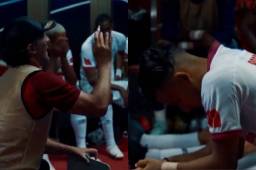 Los futbolistas de Olimpia en el camerino mientras Pedro Troglio daba su mensaje.