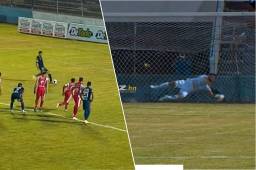 El clarísimo penal cometido por Celio Valladares de Vida ante Motagua, pero se recompone y ataja el disparo a Roberto Moreira