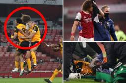 Raúl Jiménez salió en camilla luego de tener un duro golpe de cabeza con David Luiz. Aquí te dejamos las fotos de la fea acción.