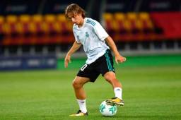 Modric durante el entrenamiento previo al partido que le ganaron al Manchester United por la Supercopa de Europa.