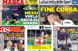 Así lucen las portadas el día después del espectáculo de Lionel Messi ante el Manchester United y de la sorprendente eliminación de la Juventus de Cristiano Ronaldo ante el Ajax en los cuartos de final de la Champions League.