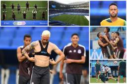 México y Brasil afinaron detalles en el Samara Arena para el choque de octavos de este lunes. Estas son las imágenes curiosas que se vieron en el reconocimiento de cancha. Fotos AFP y EFE