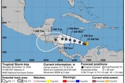 Esta es la dirección que tomó la Tormenta Tropical Iota que estará ingresando al país la noche del domingo y ahora amenaza a la zona oriental y zona sur.