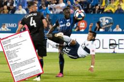 El hondureño Michael Chirinos se lanza en tijereta ante la marca del exjugador del Arsenal y de la selección de Francia, Bacary Sagna. Foto cortesía