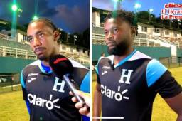 <b>Elison Rivas (Real España) y Bryan Róchez (UD Leiria, Portugal), </b>atendieron a los medios de comunicación en el Estadio de Fútbol San Cristóbal.