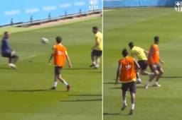 Lionel Messi durante el entrenamiento de Barcelona de este sábado.