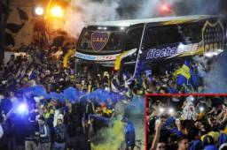 Los aficionados de Boca Junior demostraron su amor por el equipo y escoltaron el bus en una multitud de miles de aficionados. Los jugadores grababan con sus móviles a los hinchas que cantaban y quemaban pólvora.