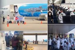 Autoridades sanitarias del país recibieron este domingo en el aeropuerto internacional Ramón Villeda Morales de San Pedro Sula a los miembros de la brigada de médicos cubanos y los estudiantes hondureños quienes venían en un vuelo chárter, en la aeronave Morazán desde Cuba para apoyar en la atención de pacientes afectados por la pandemia del COVID-19 en Honduras.