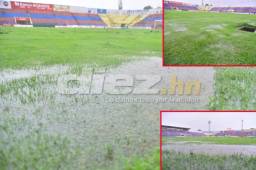La cancha del estadio de La Ceiba se encuentra totalmente llena de agua y no está en condiciones para que se juegue el partido programado para hoy entre vida y Platense.
