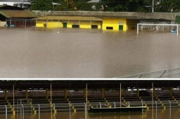 El estadio Humberto Micheletti de El Progreso se encuentra completamente inundado, luego de la gran cantidad de agua que ha dejado la tormenta tropical ETA.