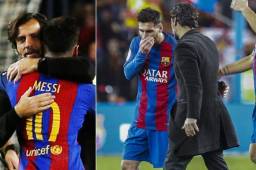 Momento en que Quique Sánchez abrazaba a Lionel Messi en el Camp Nou.