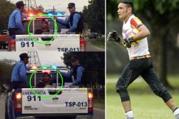 El momento en el que el arquero Júnior Morales era trasladado en la patrulla de policía.
