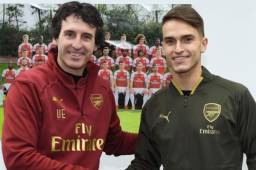 Unai emery, técnico del Arsenal, junto al mediocampista Denis Suárez.