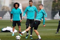 Sergio Ramos, Cristiano Ronaldo y Marcelo en el entrenamiento del Real Madrid de este domingo quedando listo para el viaje a Turín de este lunes.