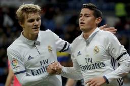 Odegaard celebrando la anotacíon de James Rodríguez en Copa del Rey.