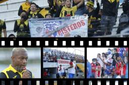 La afición del Real España ha tenido un acto provocativo contra los futbolistas de Olimpia al sacar una pancarta de dólar y la leyenda 'pisteros' después de la expulsión de este club en Liga Concacaf por haber aceptado en el vestuario dinero del dueño del Inter Moengo Tapoe de Surinam. FOTOS Edwin Neptalí Romero