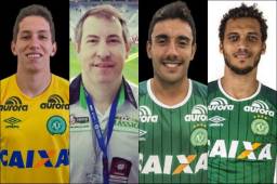 Los jugadores Jakson Follman, Rafael Henzel (periodista), Alan Ruschel y Hélio Neto, tres de los sobrevivientes del Chapecoense.