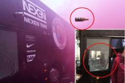 Así quedaron los cristales del autobús del Manchester City tras el ataque que sufrió de parte de aficionados del Liverpool. La UEFA les abre expediente. Fotos cortesía