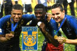 Thauvin junto a Mbappé y Dembélé tras conquistar el Mundial de Rusia 2018. El francés podría recalar a Tigres en el siguiente curso.