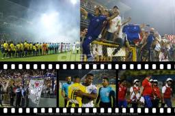 Ambientazo en el Morazán. El partido en la cancha estuvo impecable pero en las gradas se vio manchado por algunos fanáticos vándalos que llegaron a provocarse con mantas. ¿Quién inició la batalla? En la cancha todo era felicidad.