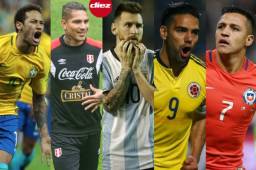 Neymar, Guerrero, Messi, Falcao y Alexis Sánchezm son las principales figuras en sus respectivas selecciones.