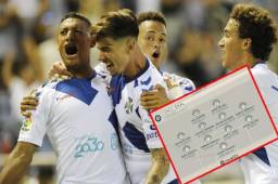 El mediocampista hondureño Bryan Acosta festejando con sus compañeros su golazo marcado ante el Deportivo. Foto cortesía