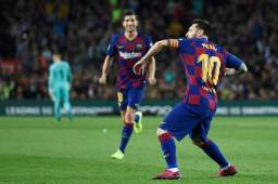 Barcelona's Argentine forward Lionel Messi celebrates his goal during the Spanish league football match between FC Barcelona and Sevilla FC at the Camp Nou stadium in Barcelona on October 6, 2019. (Photo by Josep LAGO / AFP)