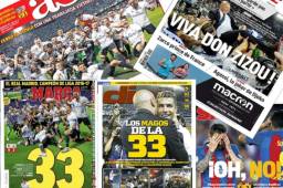 Las portadas de los diarios deportivos más importantes del mundo se rinden al Real Madrid que consiguió la Liga número 33 en su historia; en Barcelona es la otra cara de la moneda.