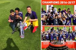 Andy Najar festejó con su hijo el título de Liga del Anderlecht. El catracho no jugó ante el KV Oostende por una lesión. Foto @rscanderlecht @Andy_Najar1993