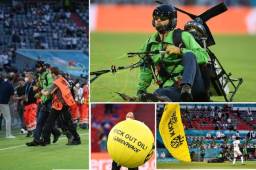 Un activista de Greenpeace, una ONG ambientalista internacional, sorprendió al irrumpir en paracaídas poco antes del partido de la Eurocopa entre Francia y Alemania que se disputó en el Allianz Arena de Múnich. Llevaba un mensaje claro a todo el mundo.