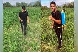 Cristian Cálix realizando labores en una milpa. El volante del Marathón no pierde tiempo en vacaciones.