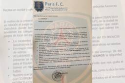 Este es el comunicado del equipo París FC donde garantiza la seguridad al Broncos.