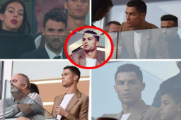 El futbolista portugués Cristiano Ronaldo está sancionado por la expulsión que sufrió en el primer partido de Champions contra el Valencia ha observado a sus compañeros en las tribunas del Allianz y bien acompañado.