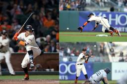 El pelotero hondureño fue parte del partido entres los Giants de San Francisco y los Padres de San Diego, donde su equipo terminó perdiendo 5-3, pero el catracho brilló en Grandes Ligas. FOTOS: AFP