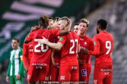 El hondureño Kevin Álvarez celebrando un gol con el Norrkoping de Suecia en un amistoso. Quiere comenzar la temporada jugando de inicio. Fotos cortesía