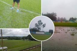 Las fuertes lluvias que han caído en el país en las últimas horas, ha hecho que la cancha del estadio Roberto Martínez Ávila de Siguatepeque, esté llena de agua. Aquí se juega el partido entre Real de Minas y Platense.