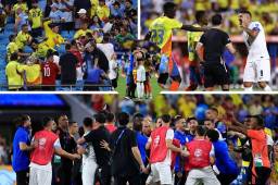 El duelo de semifinales de la Copa América entre Colombia y Uruguay terminó en tremendo zafarrancho en las gradas y dentro del terreno de juego.