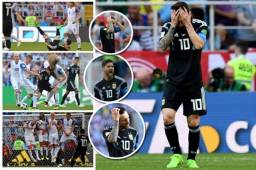 Lionel Messi vivió una montaña rusa de emociones ante Islandia. Pasó del festejo y la alegría del gol del 'Kun' Agüero a la amargura de errar un penal. Acá todos sus gestos. Fotos AFP y EFE