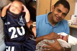 El pequeño Amado Guevara JR luciendo la camisa del Motagua tiene emocionados a sus padres ya que es el primer varón de la familia. Foto Instagram