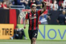 Jun 2, 2018; Atlanta, GA, USA; Atlanta United forward Josef Martinez (7) celebrates after scoring a hat trick on a penalty kick against the Philadelphia Union during the second half at Mercedes-Benz Stadium. Mandatory Credit: Adam Hagy-USA TODAY Sports