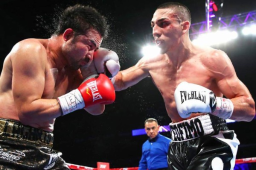 NEW YORK, NEW YORK - DECEMBER 14: Teofimo Lopez Jr punches Richard Commey during their bout for Commey's IBF lightweight title at Madison Square Garden on December 14, 2019 in New York City. Al Bello/Getty Images/AFP== FOR NEWSPAPERS, INTERNET, TELCOS & TELEVISION USE ONLY ==