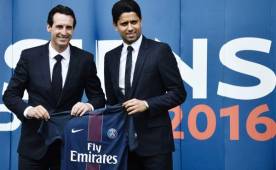 El presidente del París Saint Germain (PSG), Nasser al Khelaïfi durante la presentación del técnico Emery. Foto AFP.